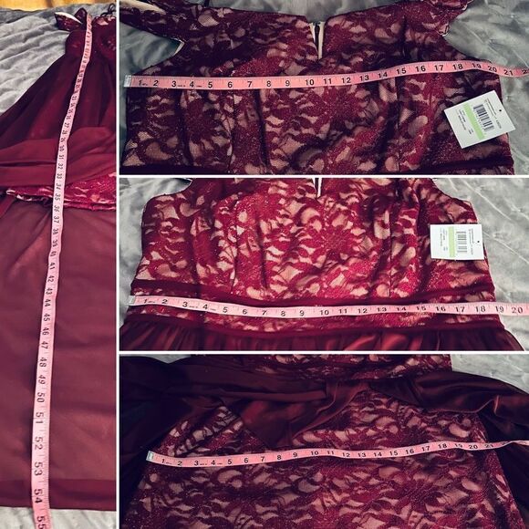 R & M Richards Morgan and Co Off Shoulder Lace Chiffon Dress Merlot Nude 18W NWT - Picture 11 of 11